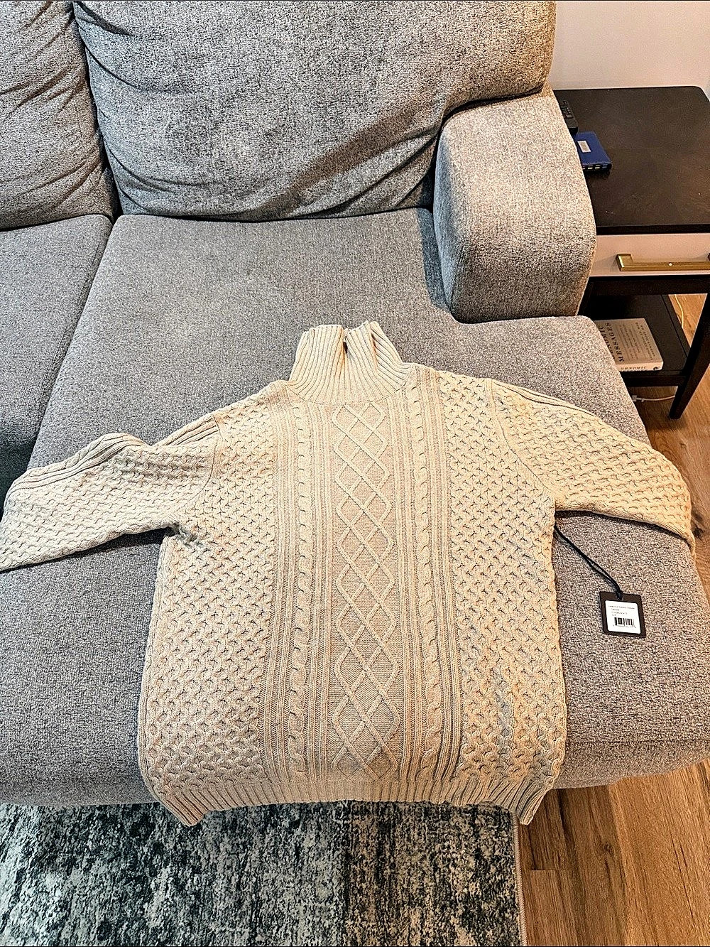 The Normal Brand Cable Knit Rollneck Sweater in Oatmeal.  Size Large